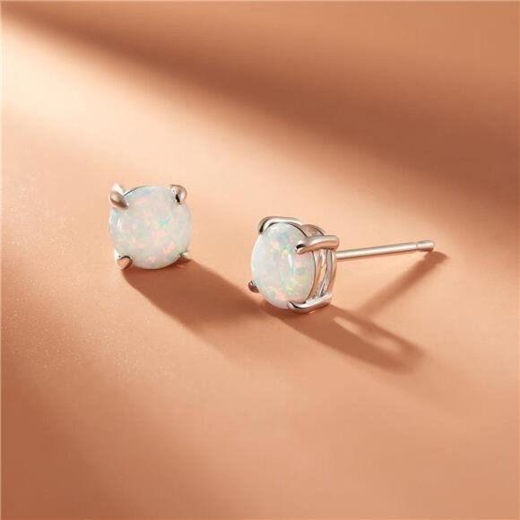 Sterling Silver Opal Stud Earrings Round Solitaire October Birthstone Jewelry - Picture 5 of 7